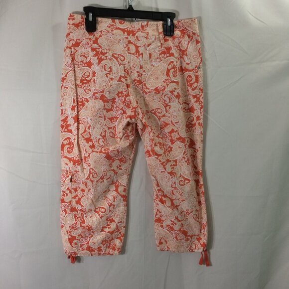 Coldwater Creek Cargo Cropped Capri Pants Orange Paisley Cotton Stretch Size 14 - Picture 2 of 4